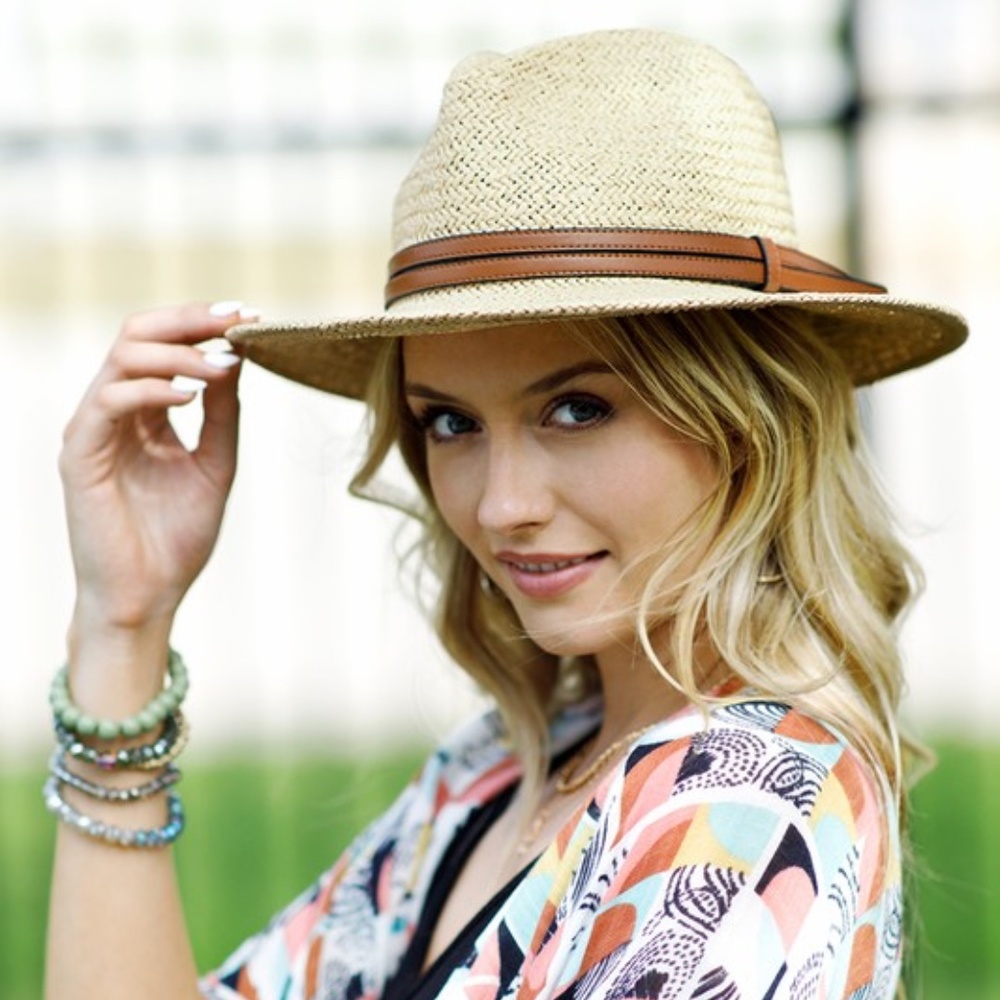 SOLD OUT Natural Woven Panama Hat w/ Faux Leather Double Band Women's - Picture 6 of 7